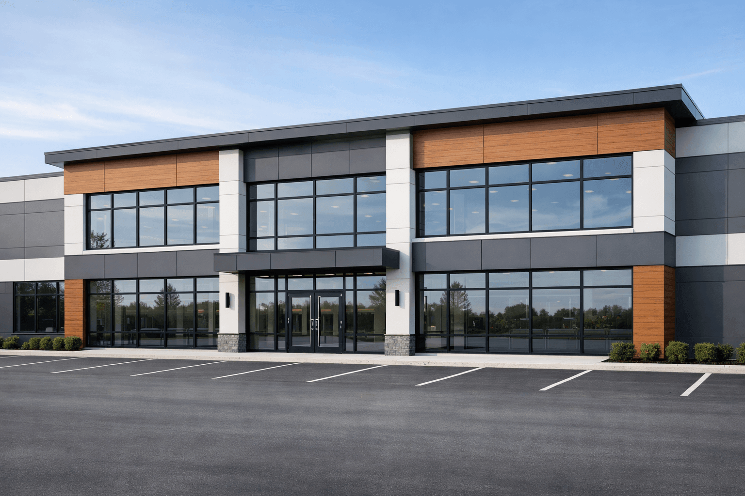 Commercial building exterior with secure glass, windows, and door protection.