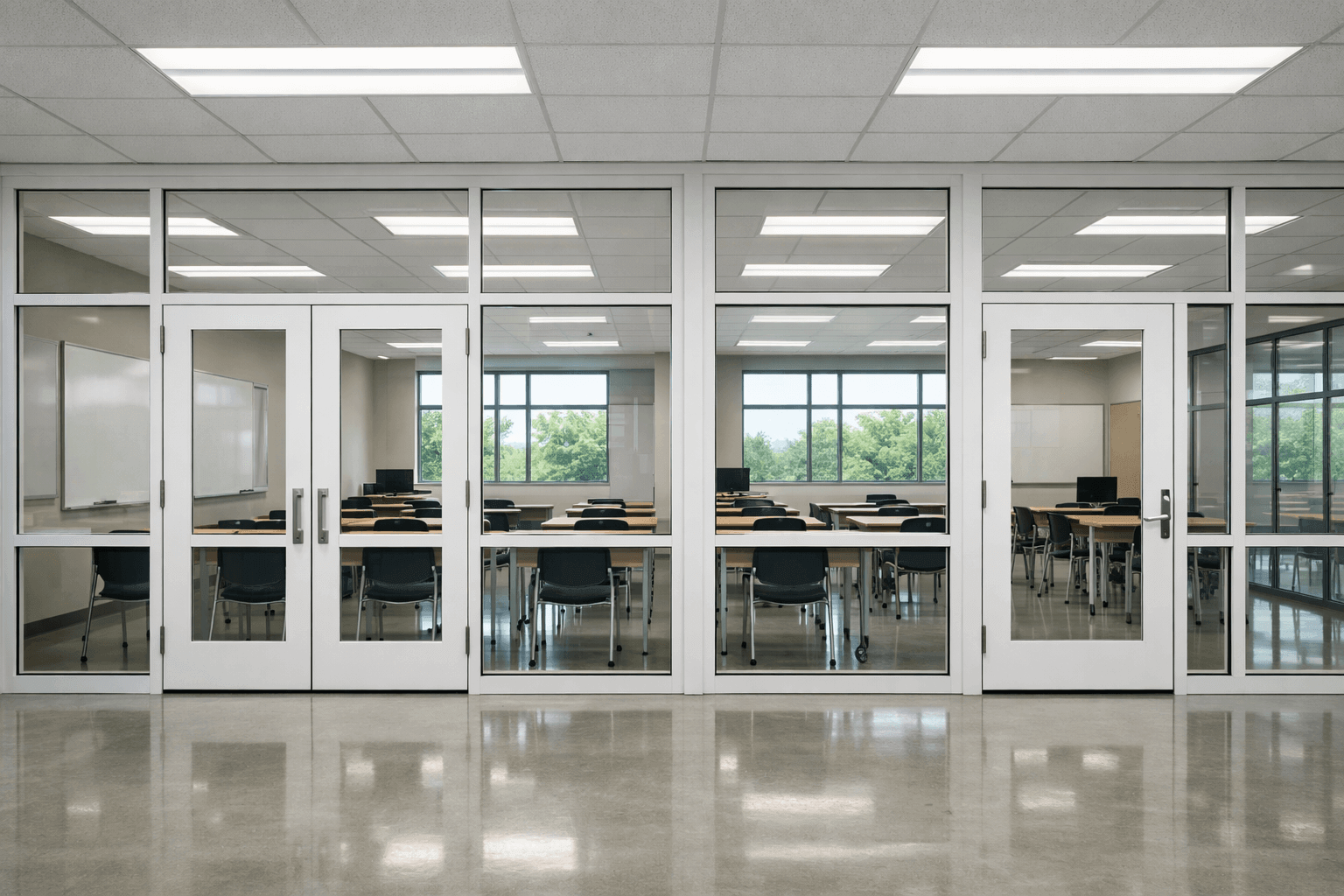 Commercial or educational building with secure glass classroom doors and window protection.