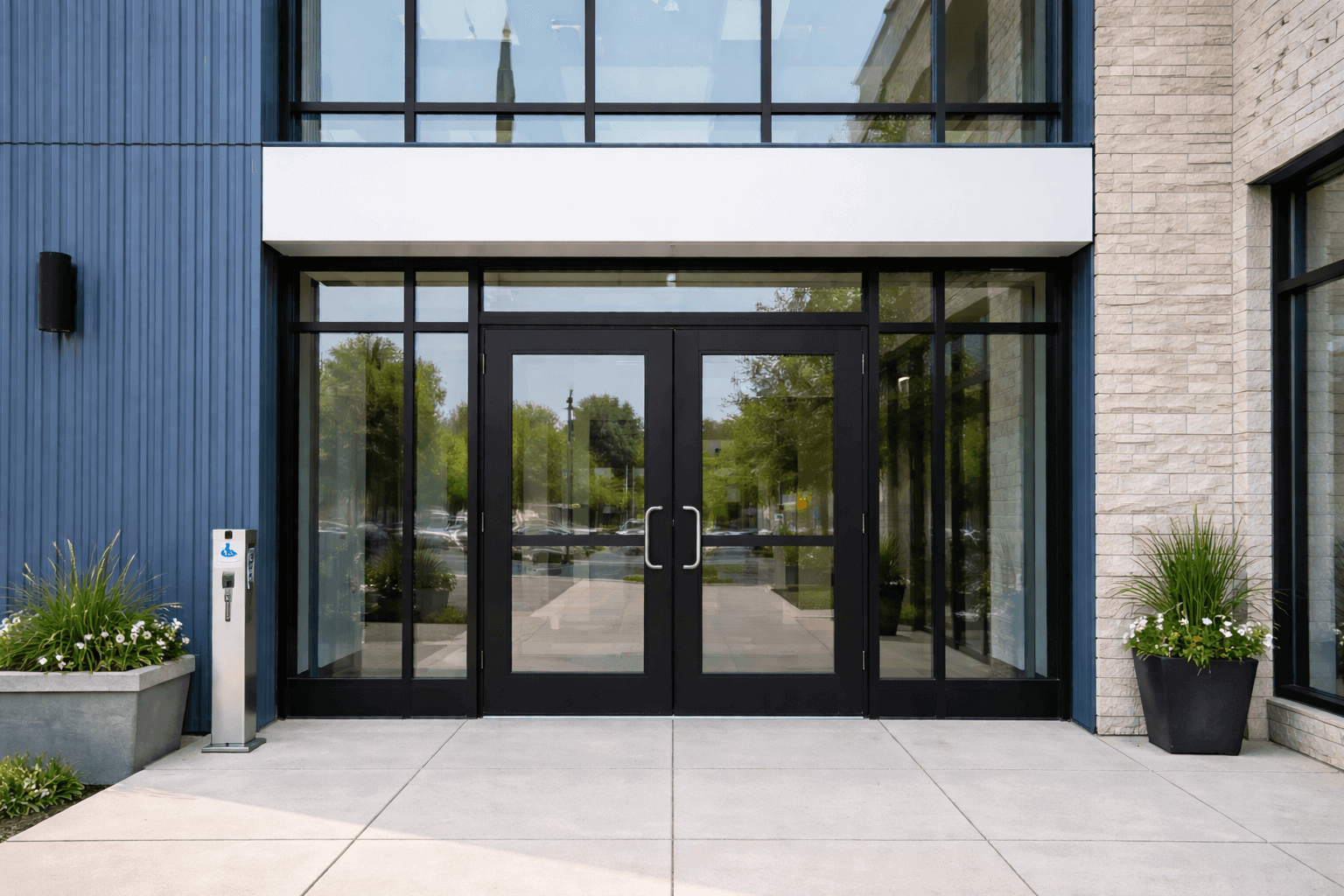 Commercial building with secure glass entry door and window protection for assessment.