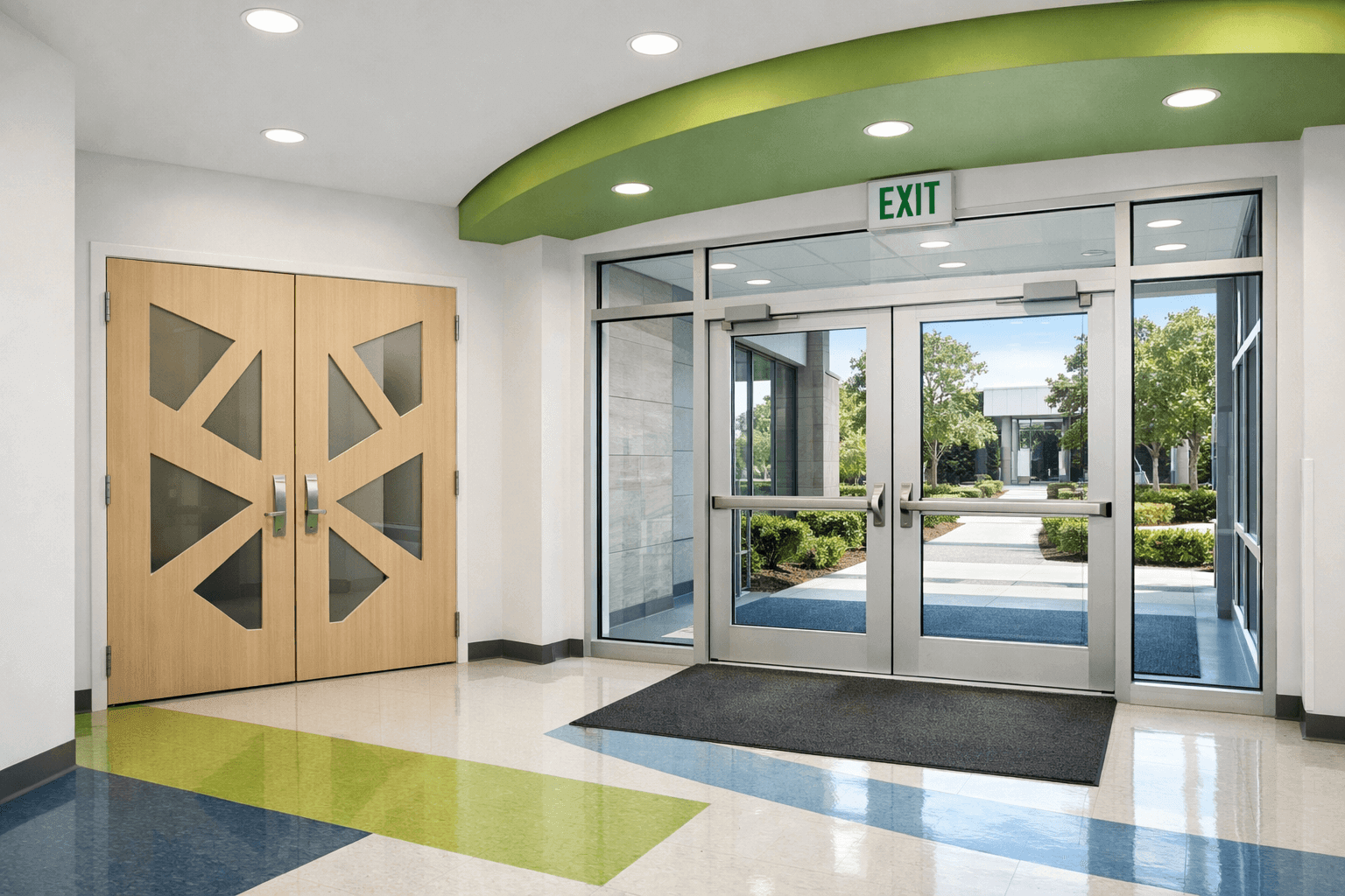 Commercial building with secure glass entry doors and window protection.