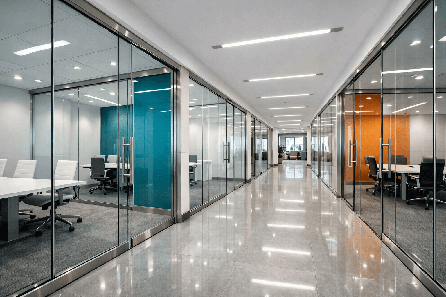 Commercial office space with secure glass partition and window door protection.