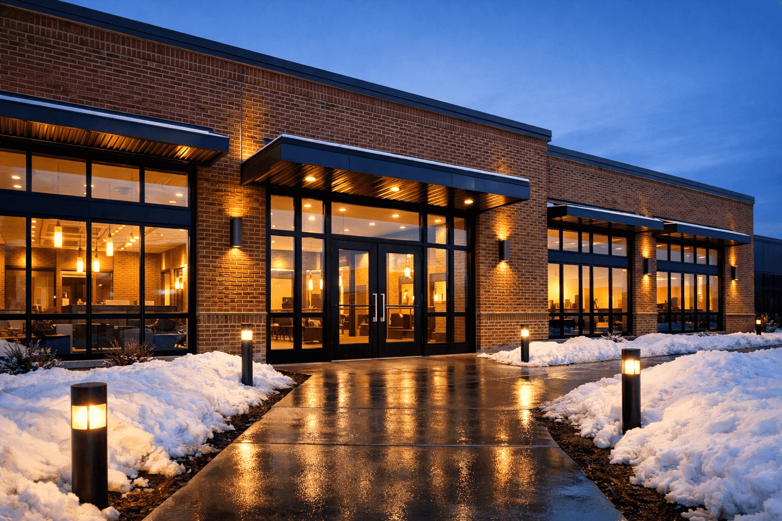 Commercial industrial building with secure glass, windows, and door protection.