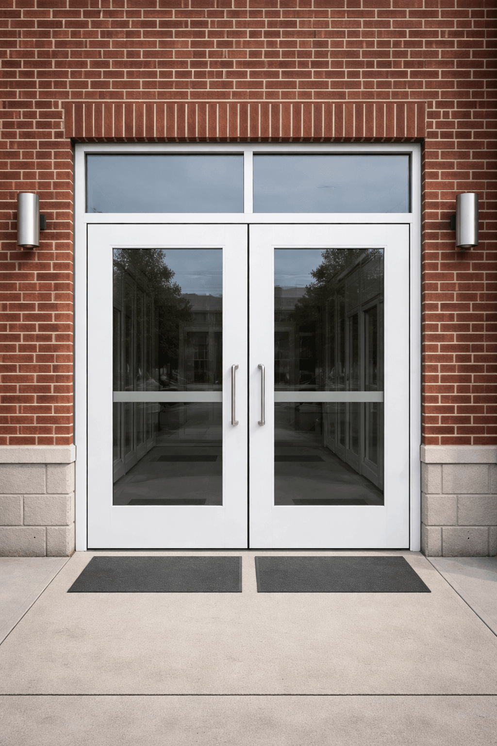 Commercial metal and glass double door with secure building protection.