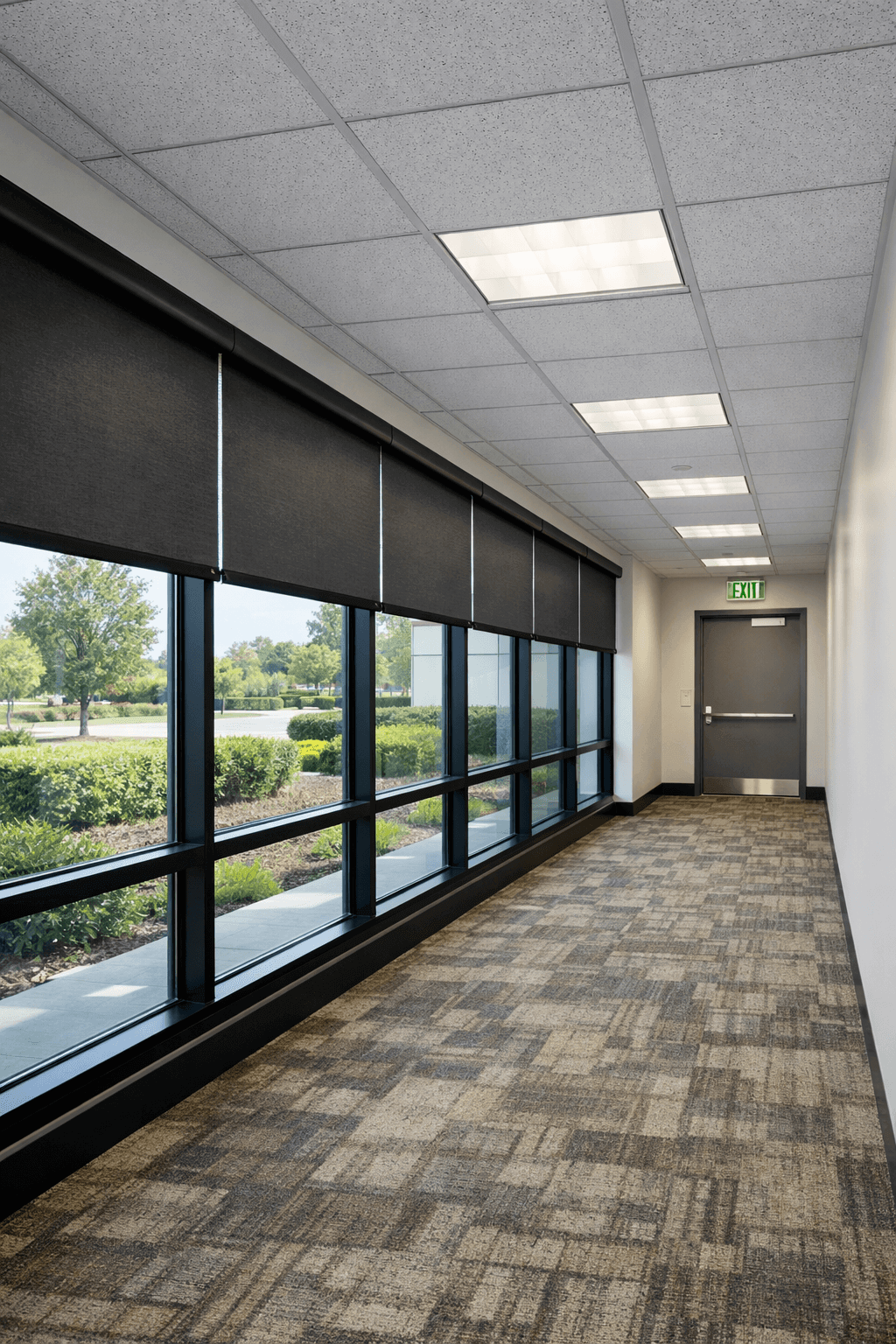 Commercial office building with secure glass window protection.