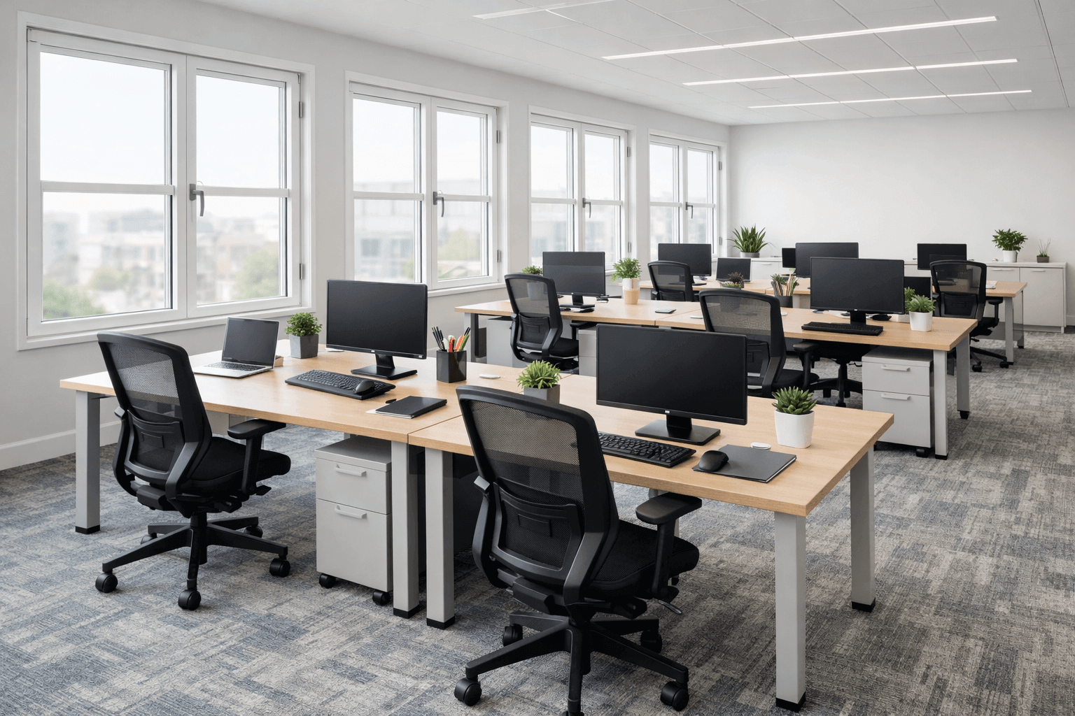 Commercial workspace with secure glass window protection.