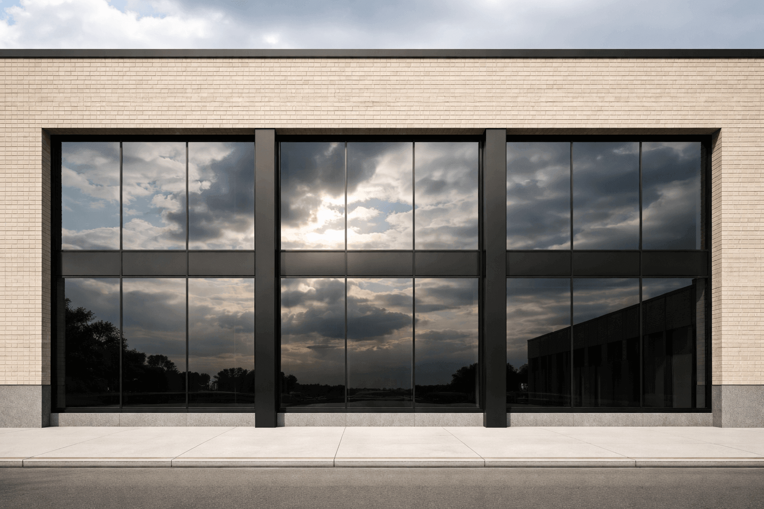 Commercial building with secure reflective glass and solar window protection.