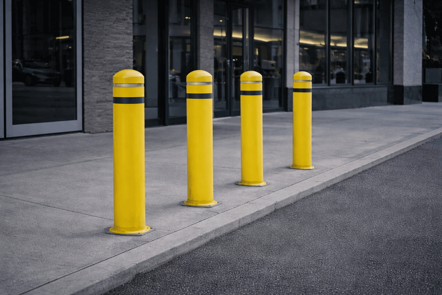 Commercial building entrance with safety bollards and vehicle protection.
