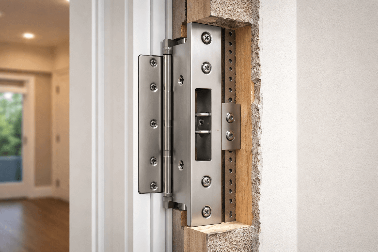 Reinforced interior steel door with multi-point lock system installed in an internal safe room.