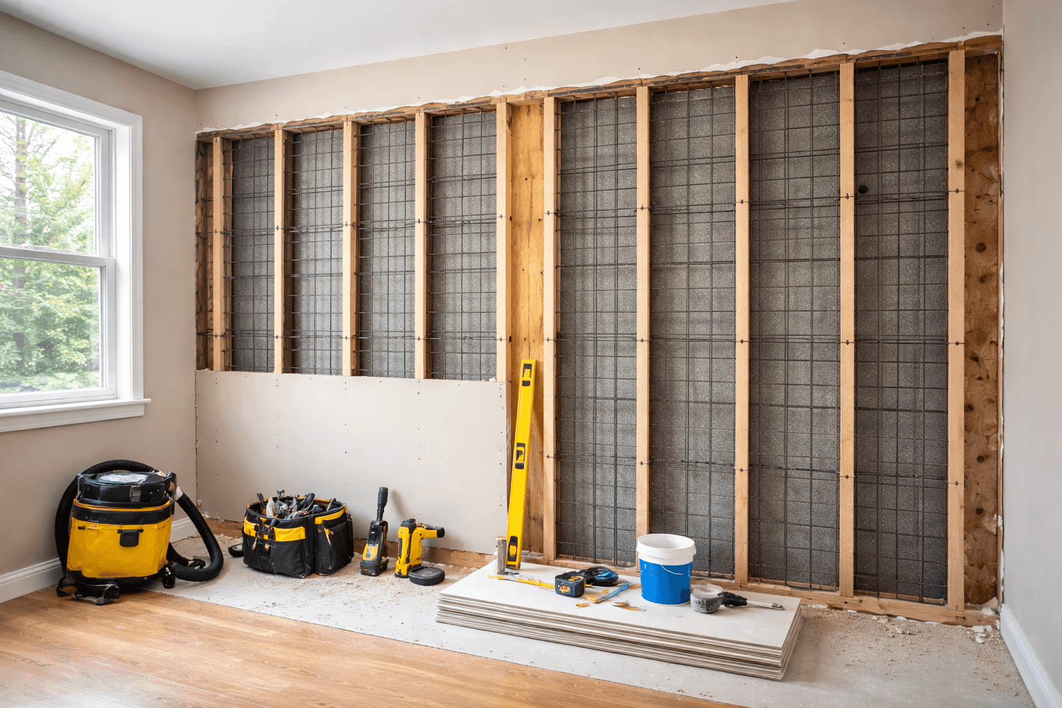 Safe room wall fortification with steel panel installation.