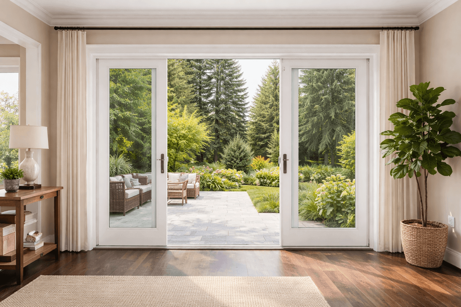 Professional installation of sliding patio door security reinforcement and glass protection.