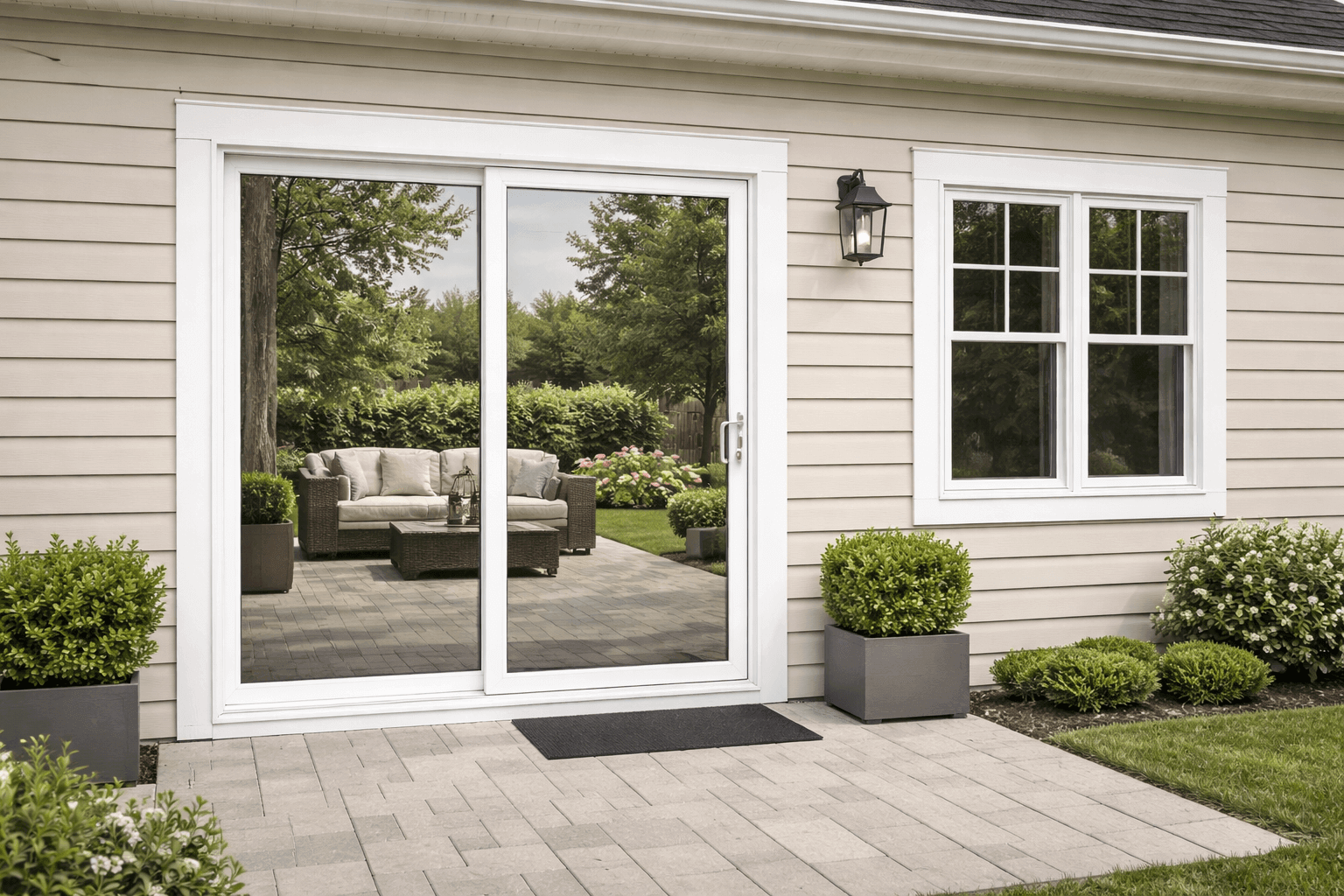 Sliding patio door with secure glass and track reinforcement for home security.