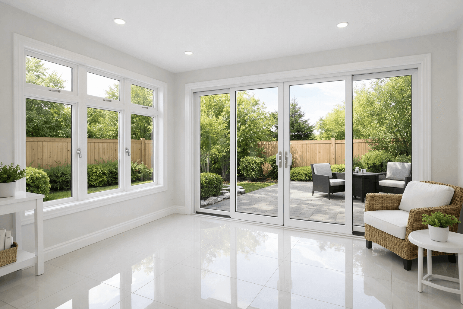 Sliding glass patio doors with security reinforcement and window protection.